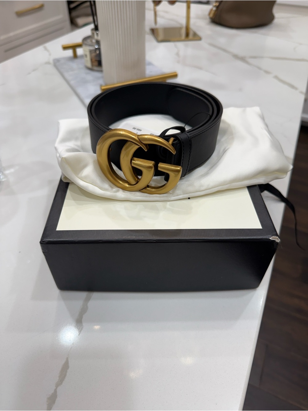 Gucci Black Leather Belt with Antiqued Gold Double G Buckle